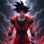 Goku transformed into a menacing Super Saiyan 4, radiating dark energy