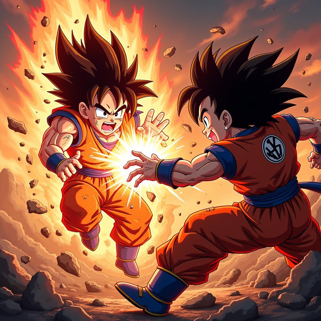 Evil Goku, engulfed in a crimson aura, locked in battle with a desperate Vegeta