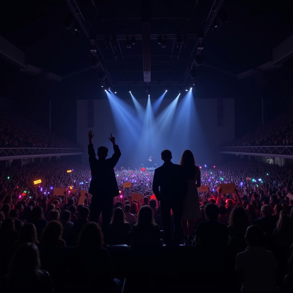 Fans holding up banners and light sticks at a Krist and Singto fan meeting in a darkened arena