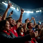 Excited Football Fans Capturing a Game Moment