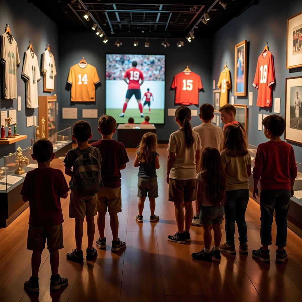 Fans engrossed in a historical football exhibit