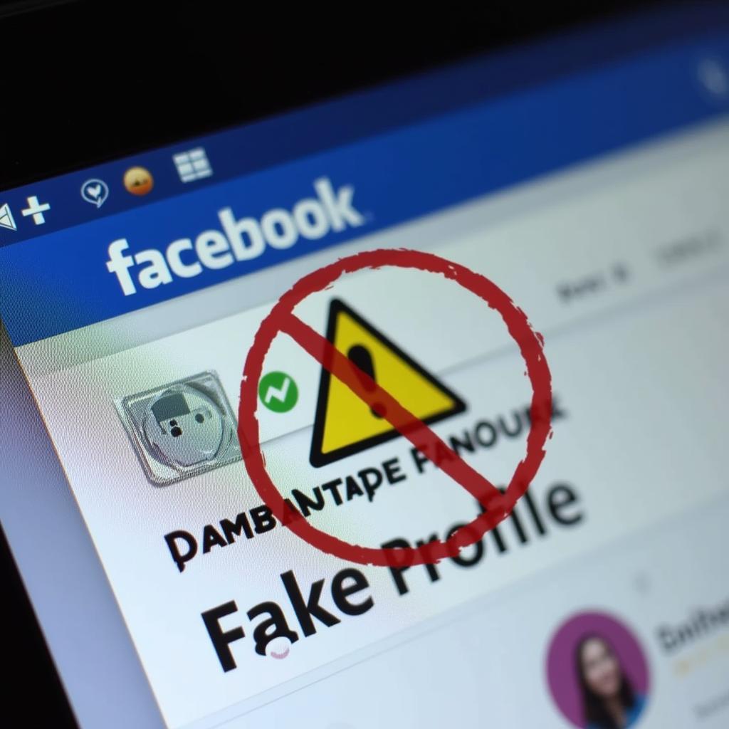 Facebook profile warning icon with fake profile text