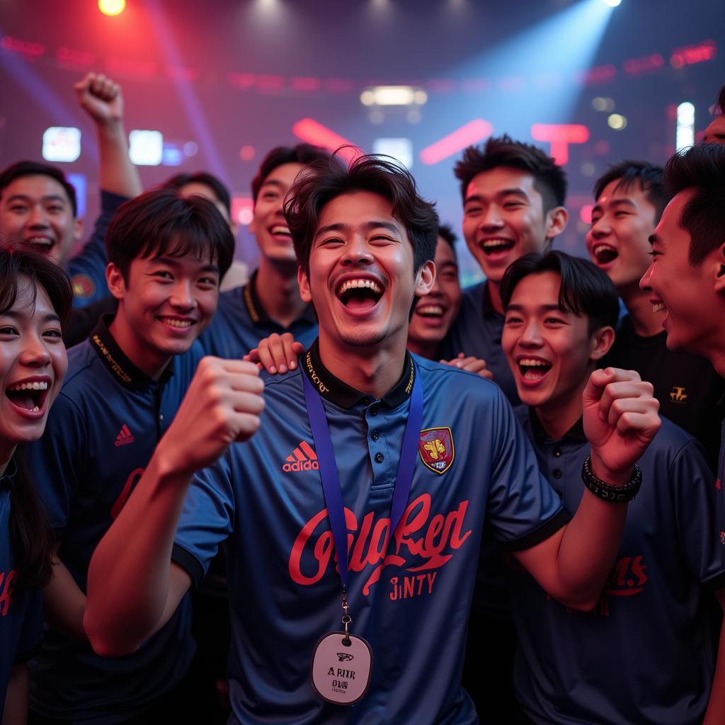 Faker celebrating a victory with his teammates