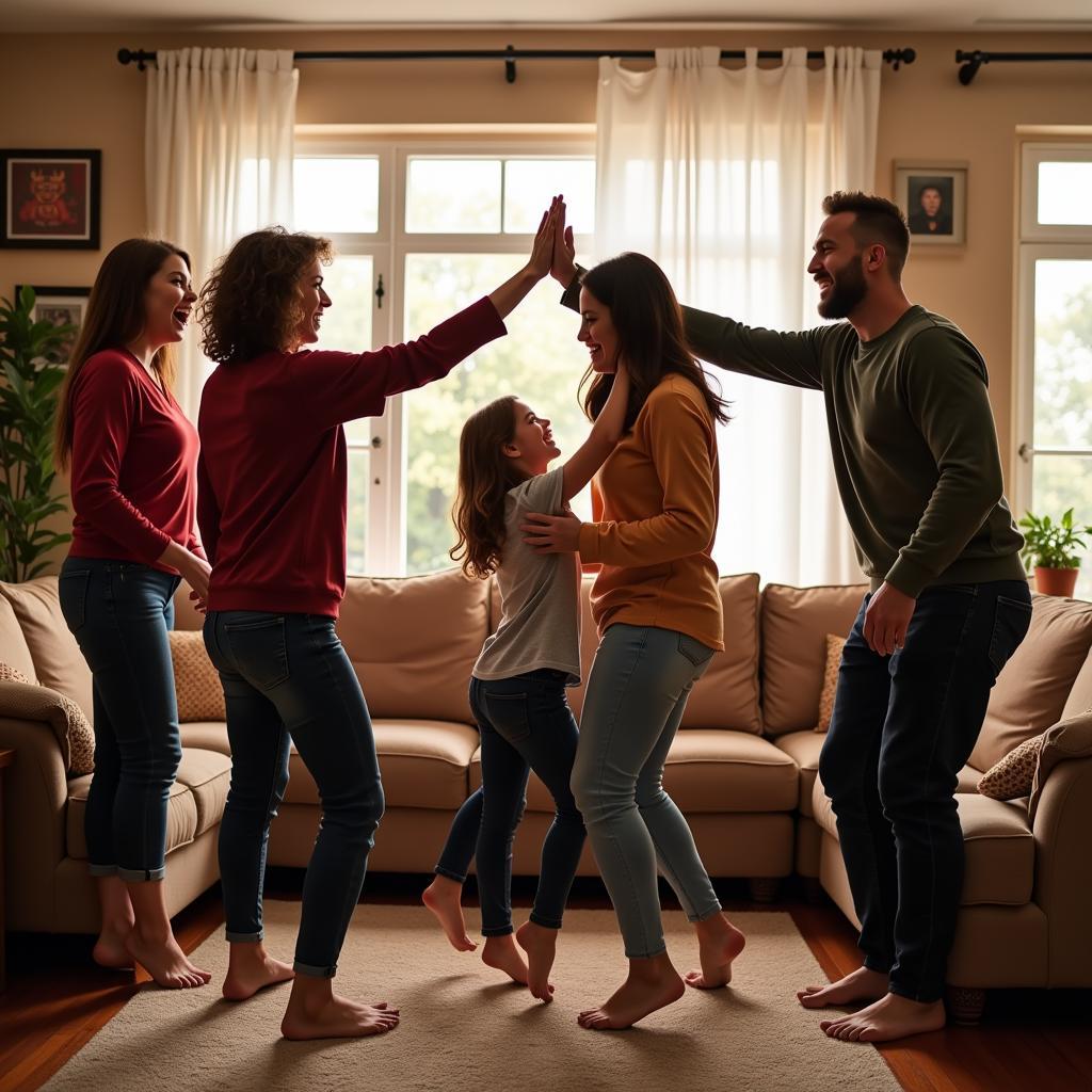 Family celebrating a football victory at home