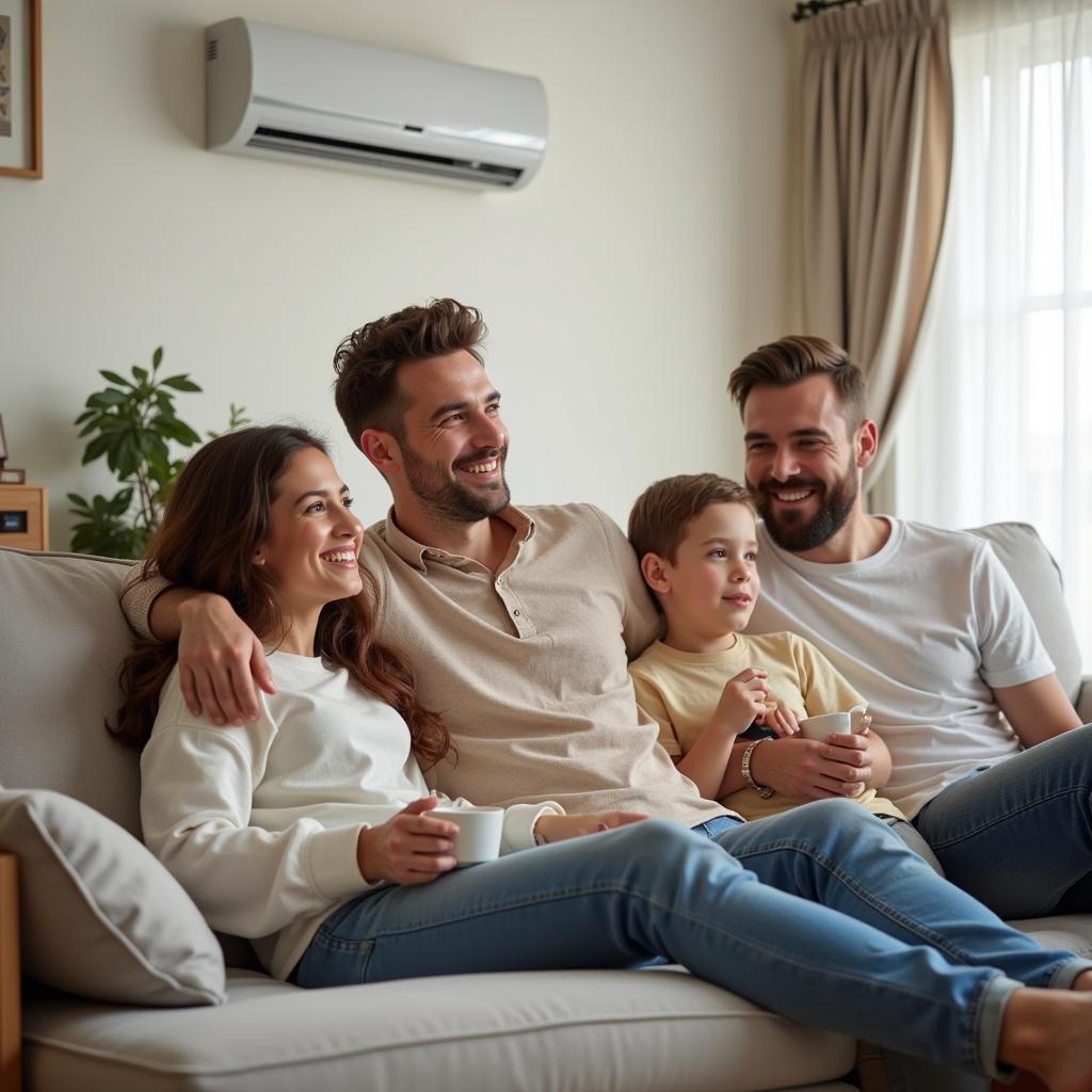 A family enjoying their comfortably cool living room with the AC set to fan mode