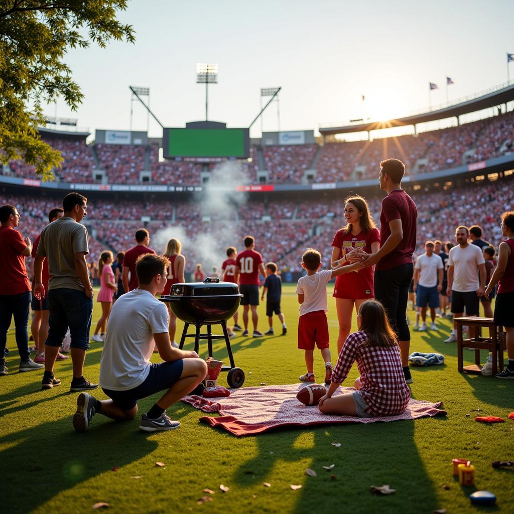 Family enjoying a tailgate party before a football game