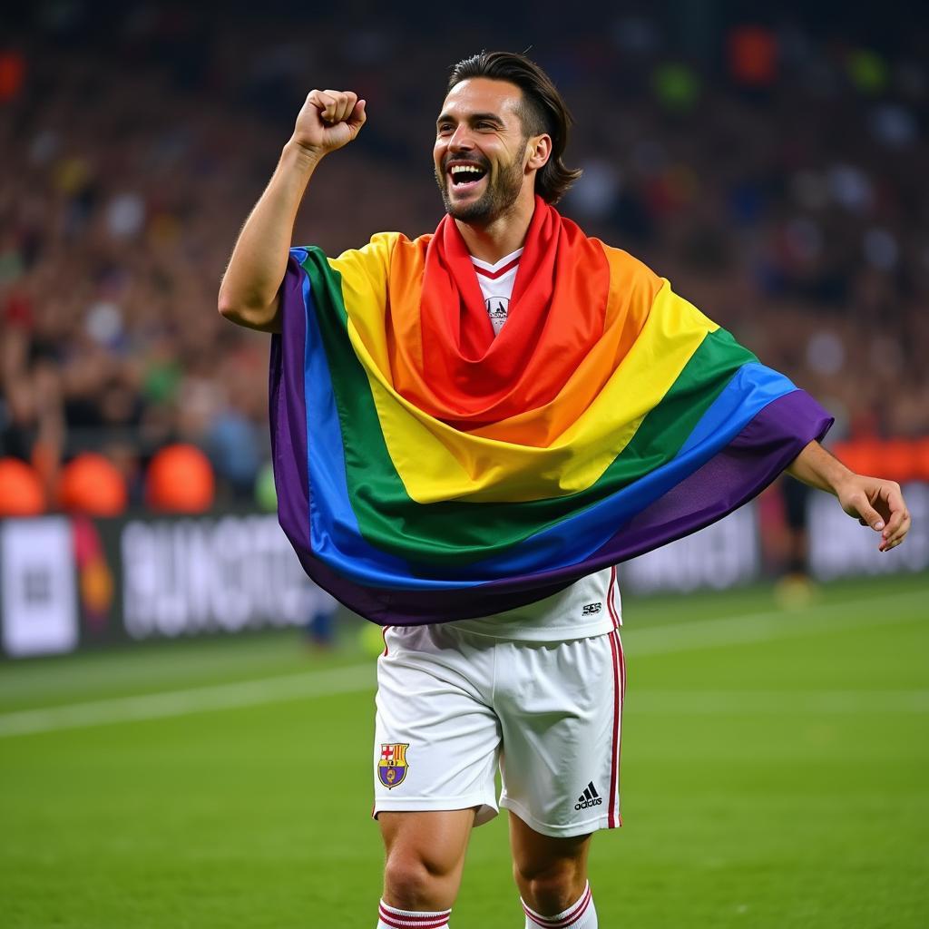 Footballer Celebrating with LGBTQ+ Flag