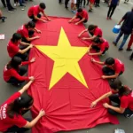 Vietnamese Football Fans Preparing an Elaborate Display