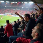 Image showing a group of fans shouting aggressively during a football match