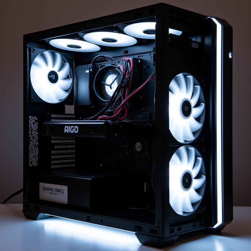 A PC build featuring multiple fan aigo black and white.