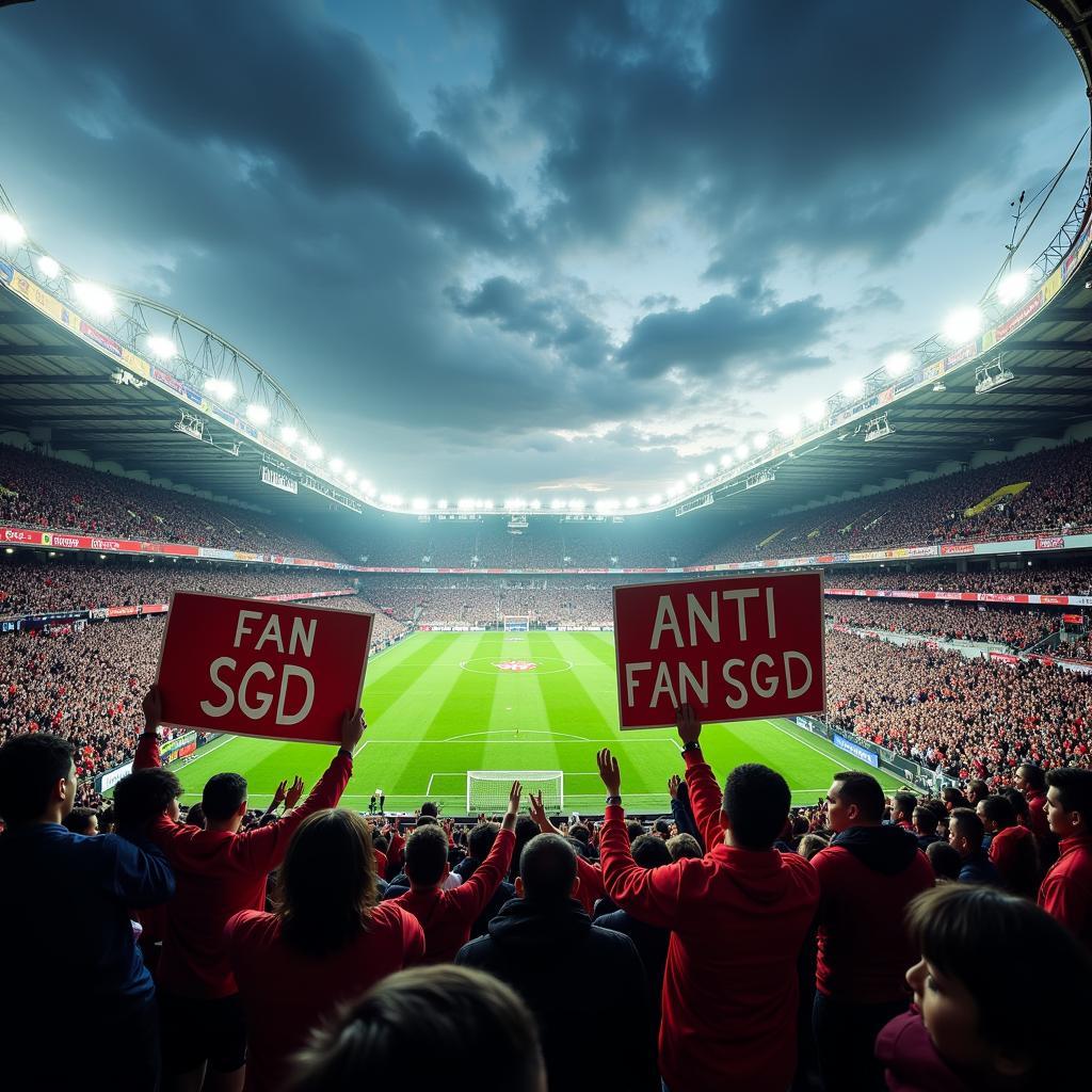 Football fans displaying opposing banners