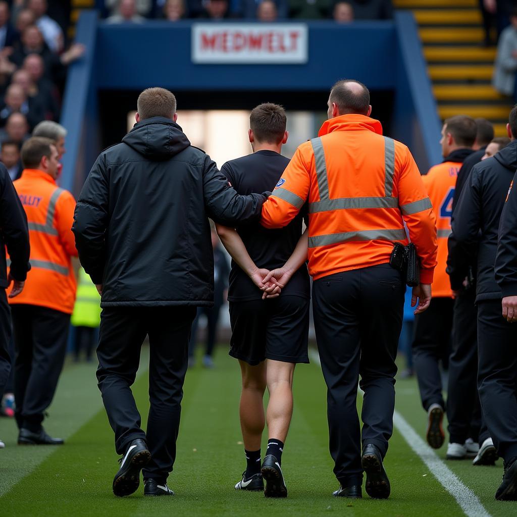 Security escorting a fan off the pitch