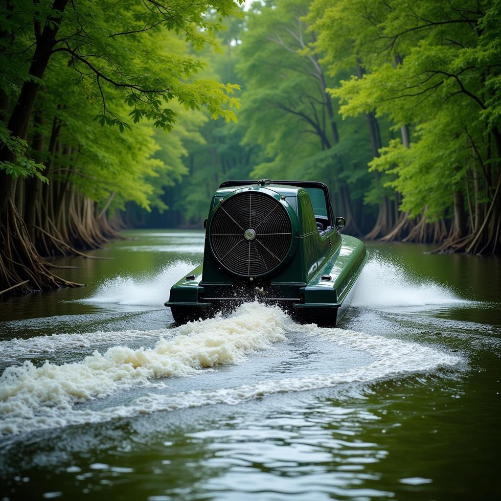 Fan boat gliding through a swamp