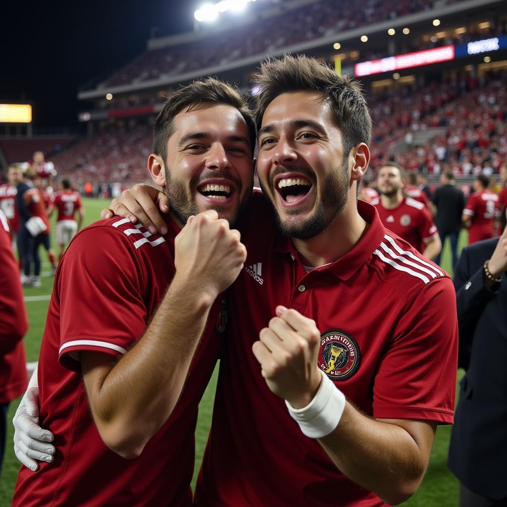 Two friends jumping in excitement, high-fiving during a live sporting event