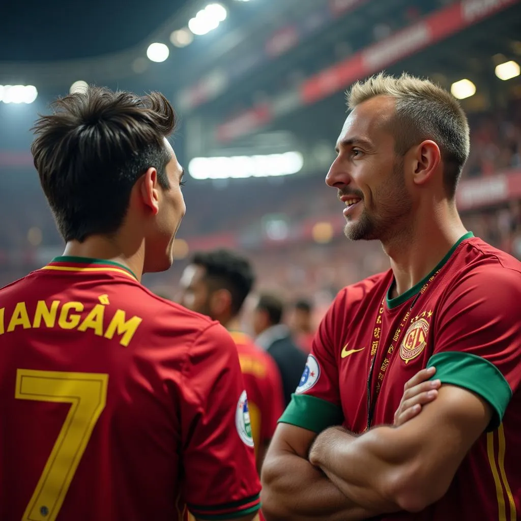 Two opposing fans with their team's jerseys