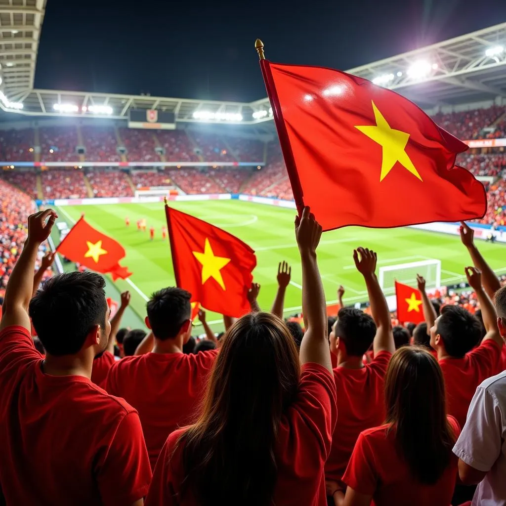 Vietnamese football fans cheering at the stadium