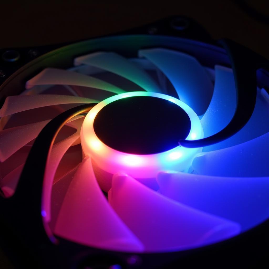 Close-up view of the intricate RGB lighting patterns in a fan case 1st player led RGB.