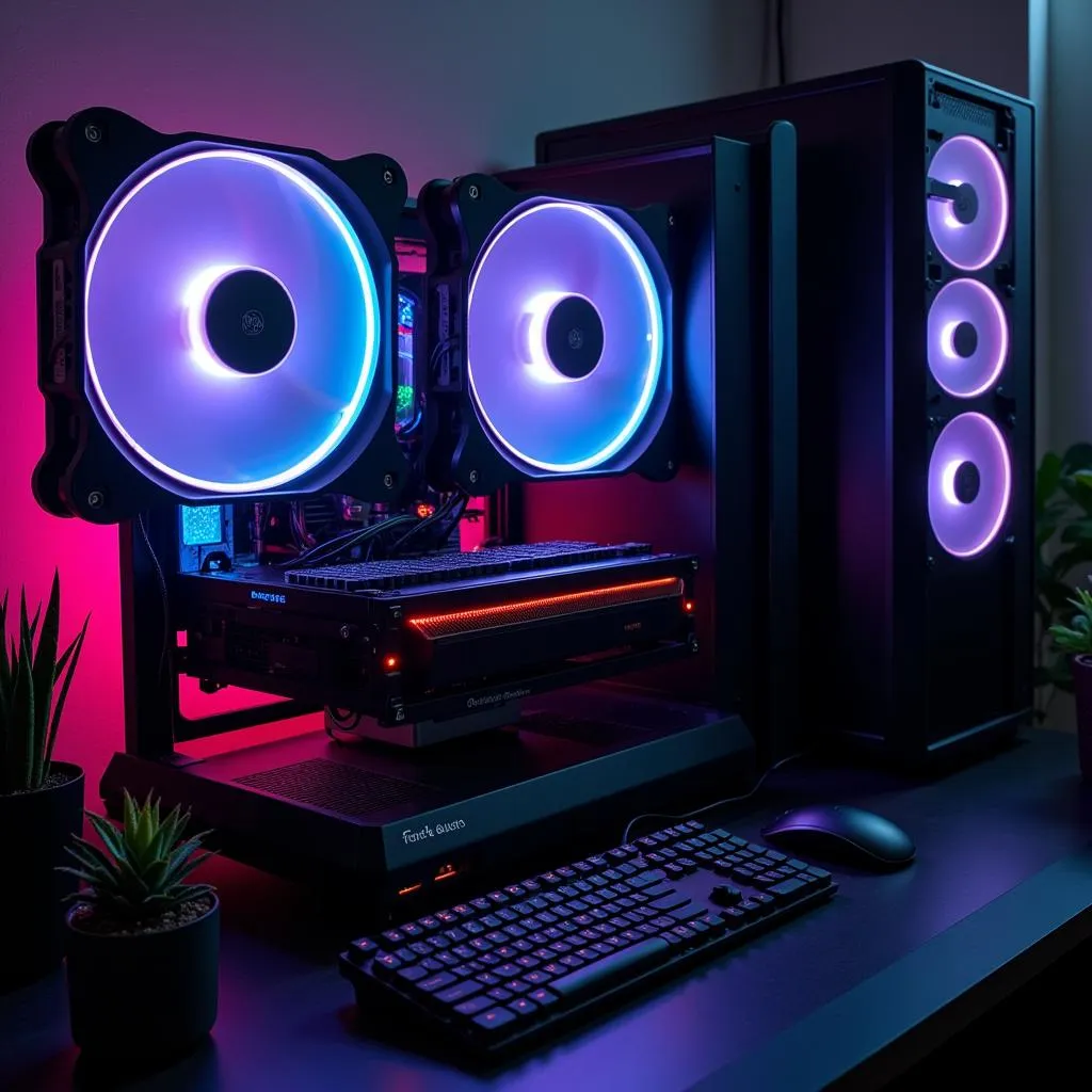 A computer setup featuring Cooler Master fan cases without LED lights.