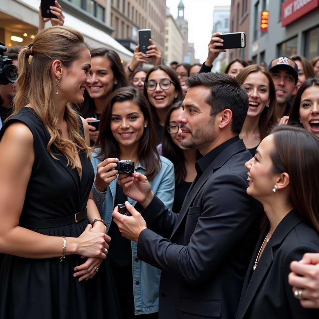 Fans and celebrities interacting in a public space.