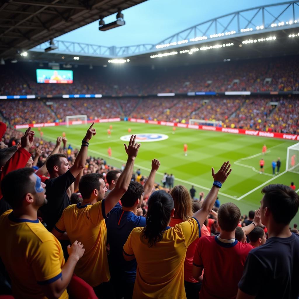 Fans chanting in a packed stadium