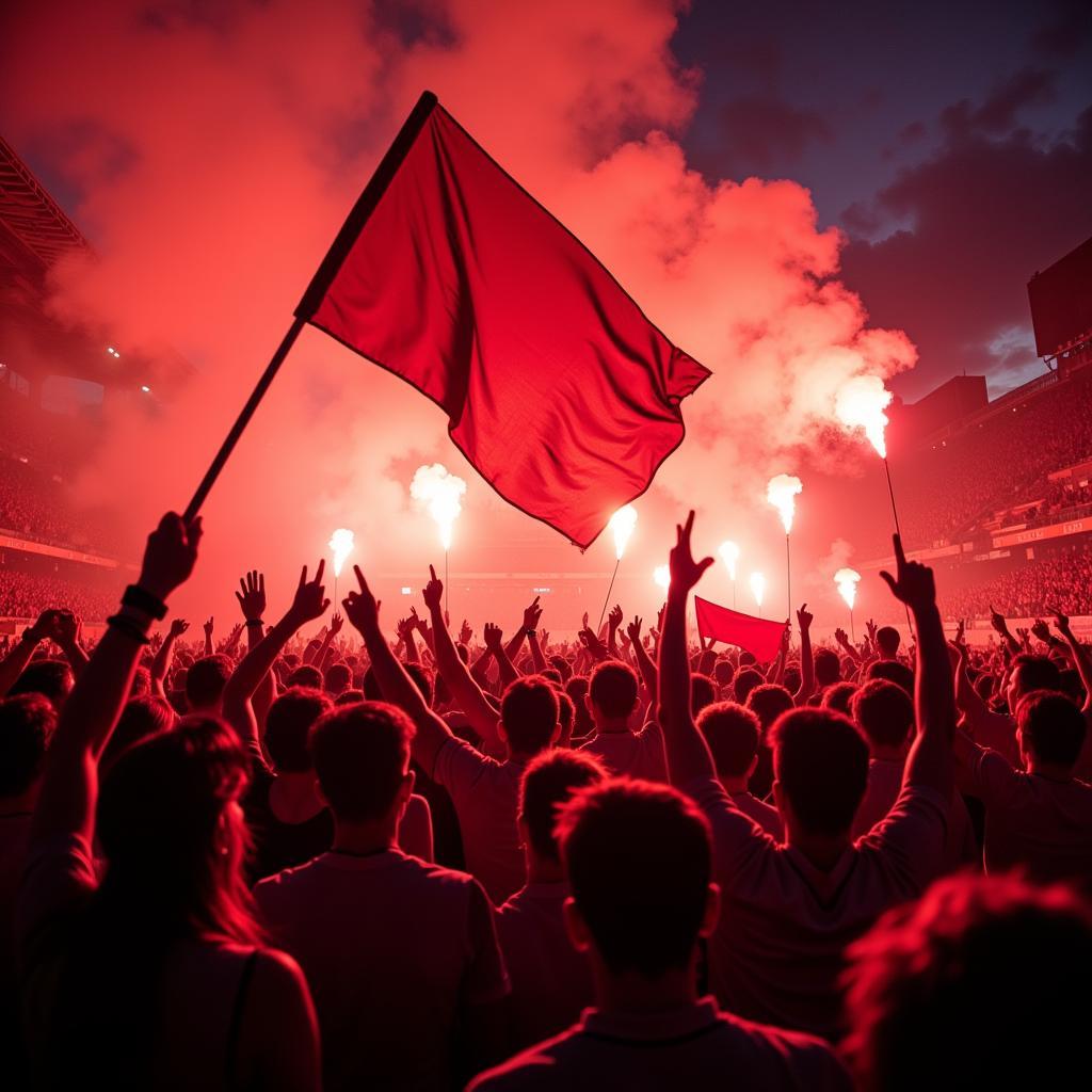 Football fans with banners and flares