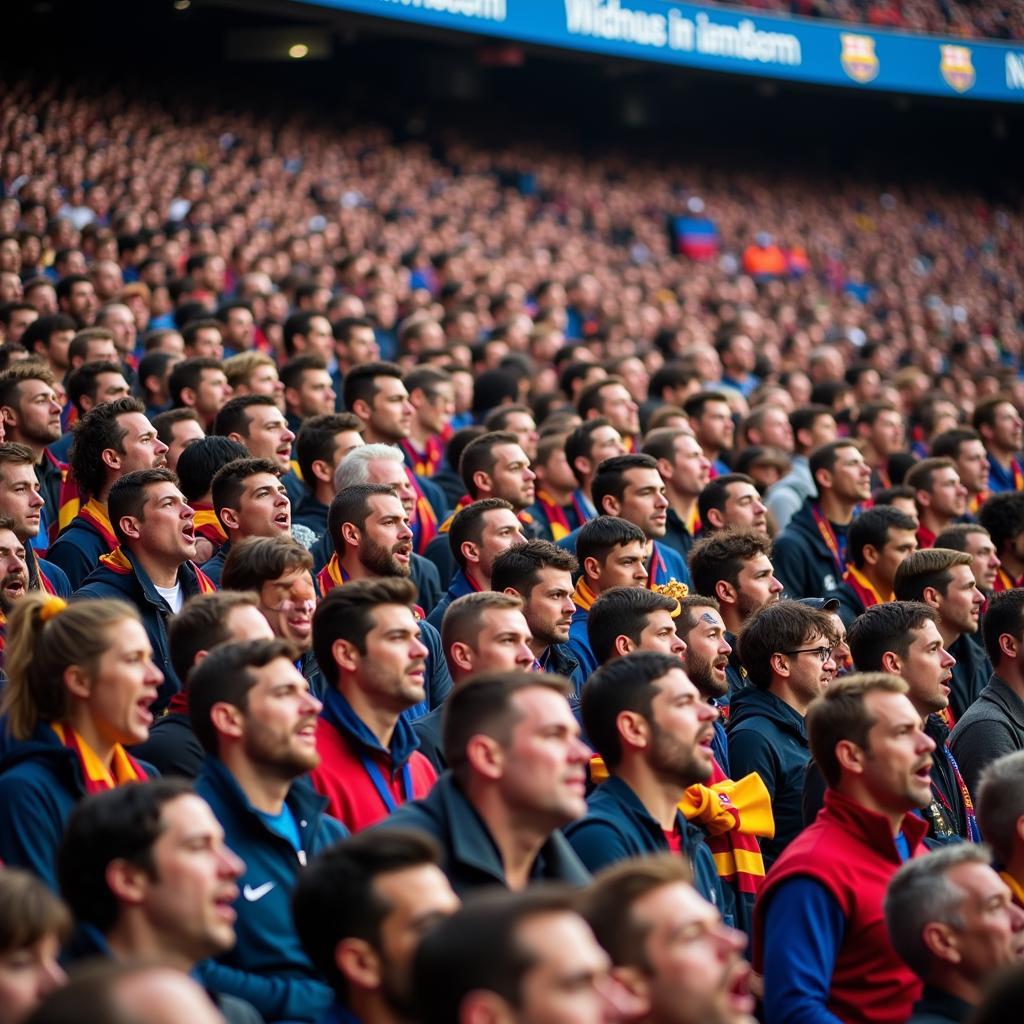 Fans chanting in a packed stadium