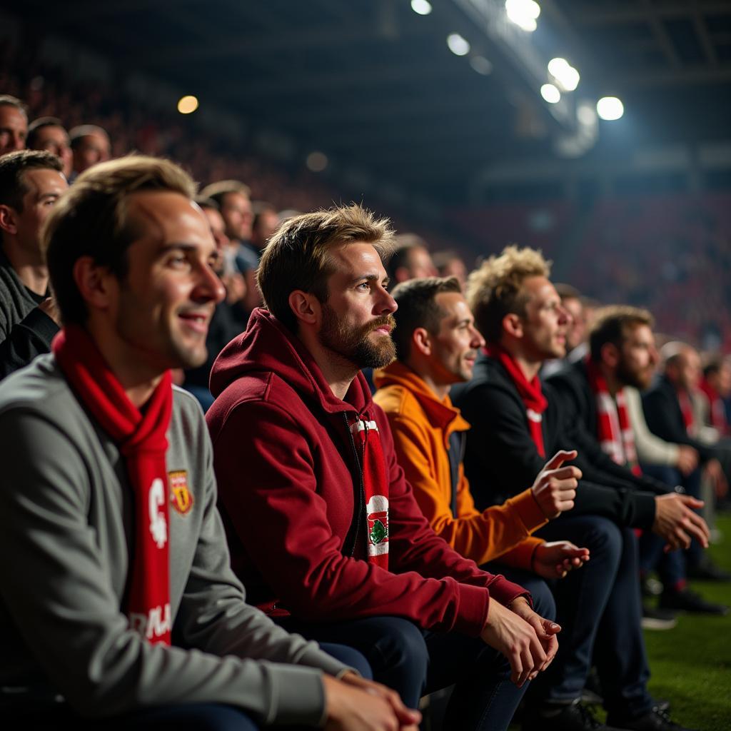 A group of fans huddled together in a pub, eyes glued to the screen during a tense moment in the match.