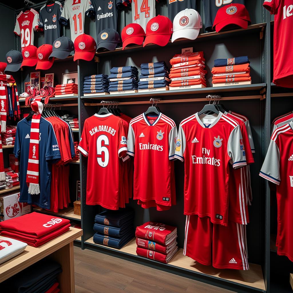 Fan club store merchandise display with jerseys, hats, and scarves.