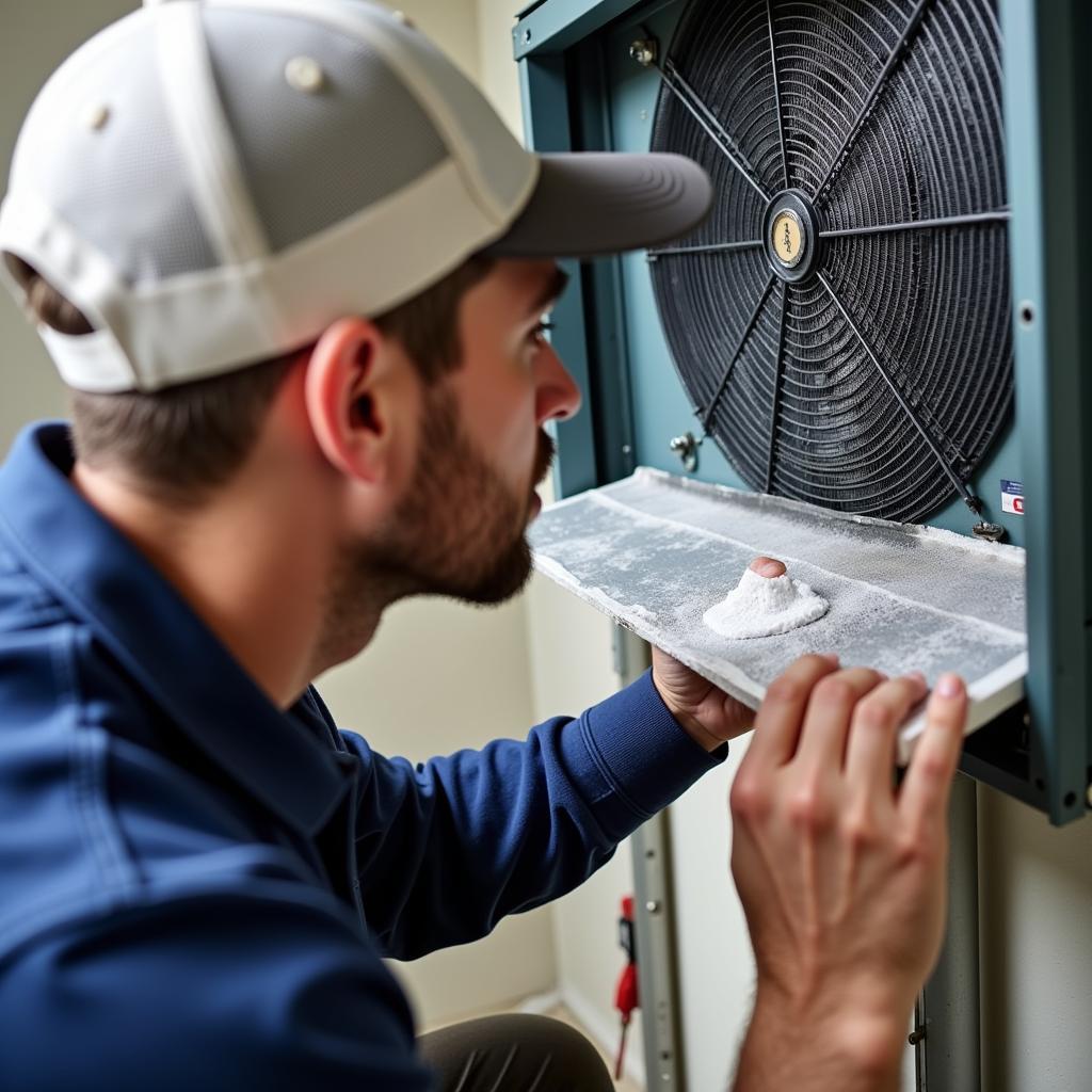 Technician performing maintenance on a fan coil unit