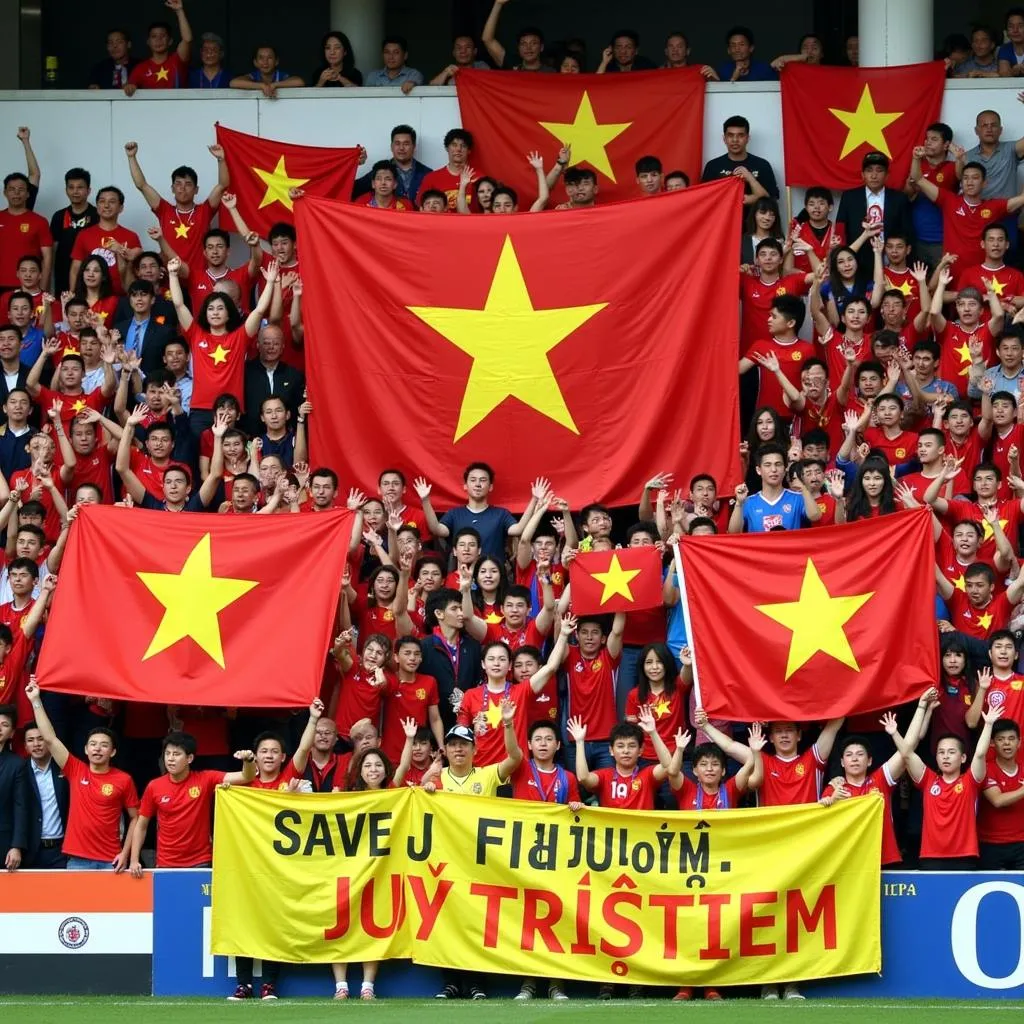 Vietnamese fans displaying flags and banners