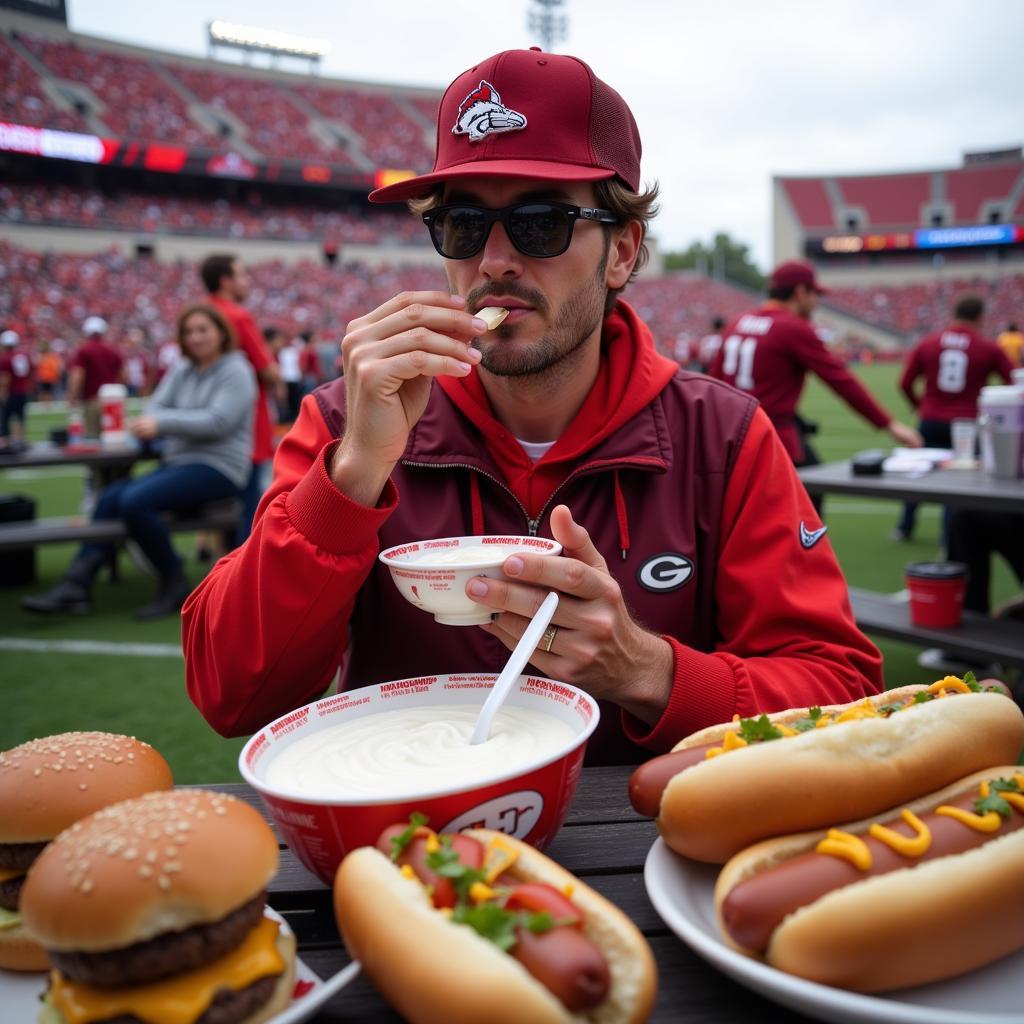 Fan Enjoying Yogurt at Football Tailgate