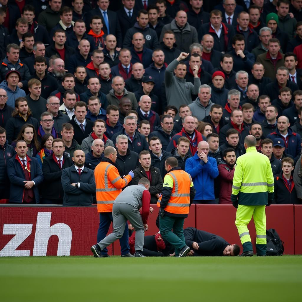 Fan fainting in a crowded football stadium