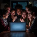 Fans gathered around a laptop