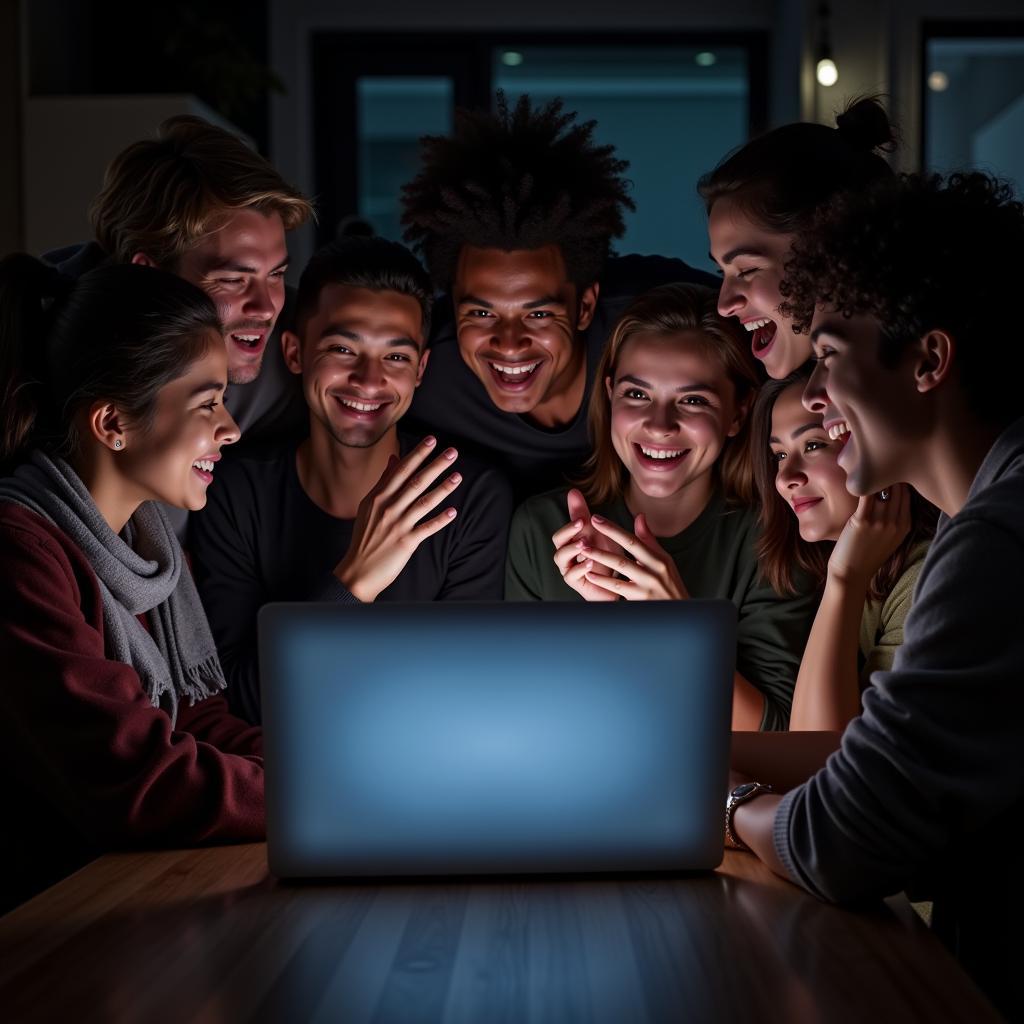 Fans gathered around a laptop