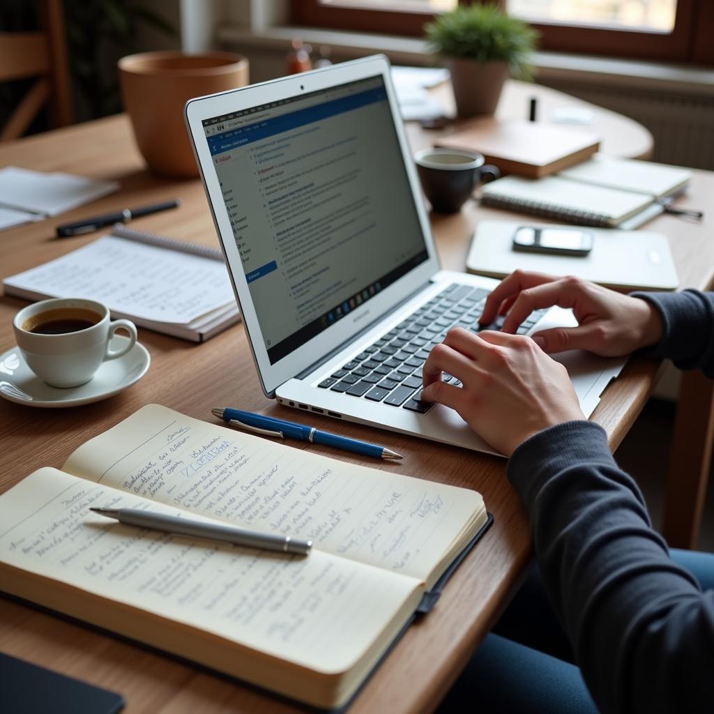 A person typing on a laptop, surrounded by notebooks and coffee cups