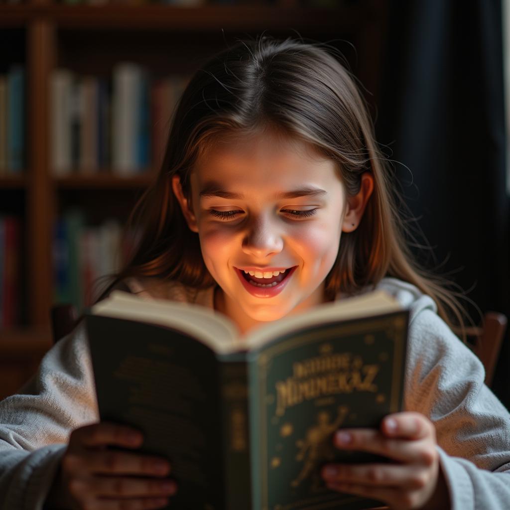 A young girl engrossed in a book, her face lit up with excitement.