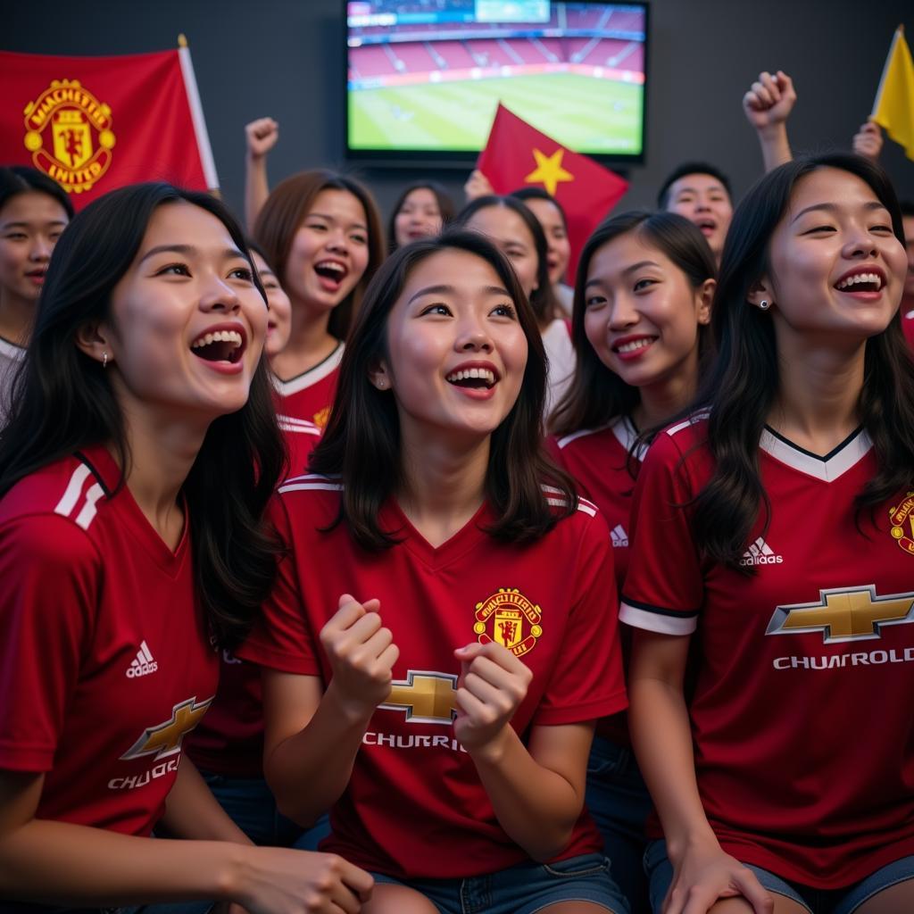 Vietnamese female Manchester United fans watching a match