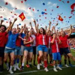 Fans celebrating a goal together