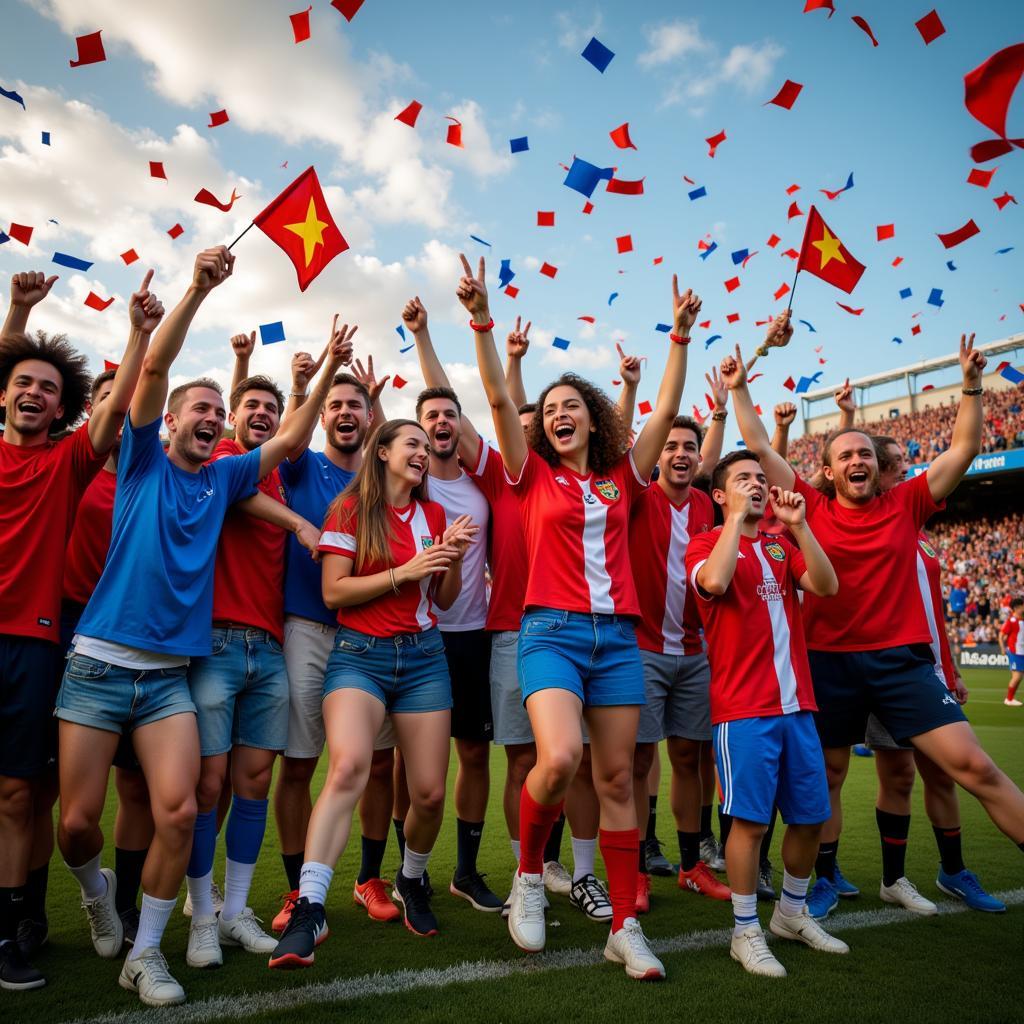 Fans celebrating a goal together