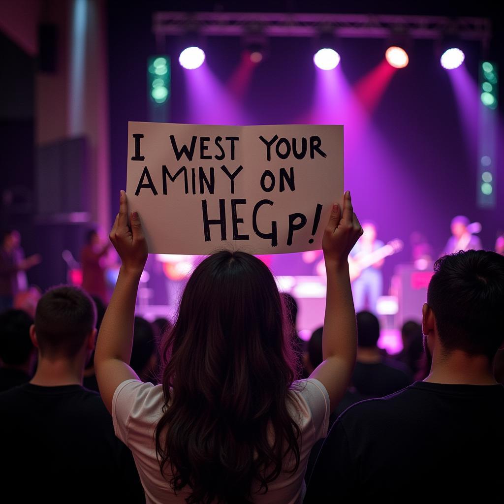 A fan holds up a sign at a concert