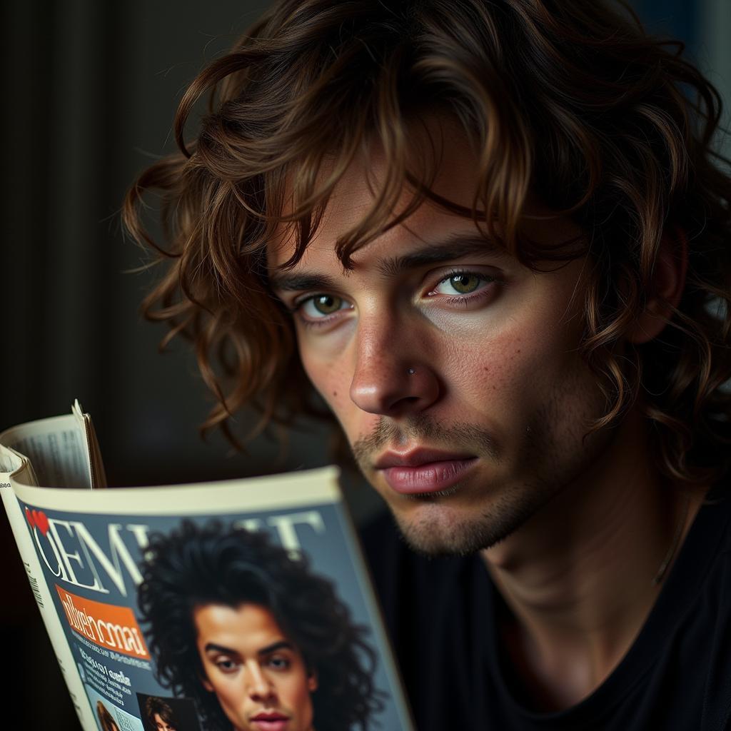 A fan intensely looking at a magazine featuring their idol