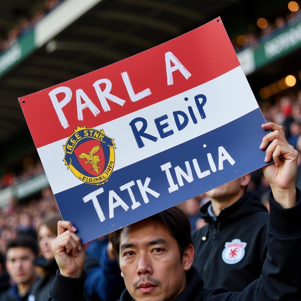 A fan holding a pre-made sign expressing support for their favorite football team