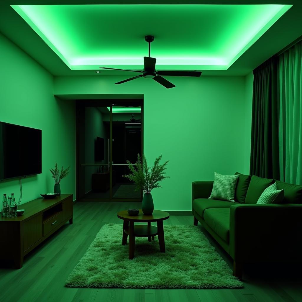 Modern Living Room with Fan LED Green Light