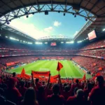 Fan-led re supporters at the stadium holding banners and flags