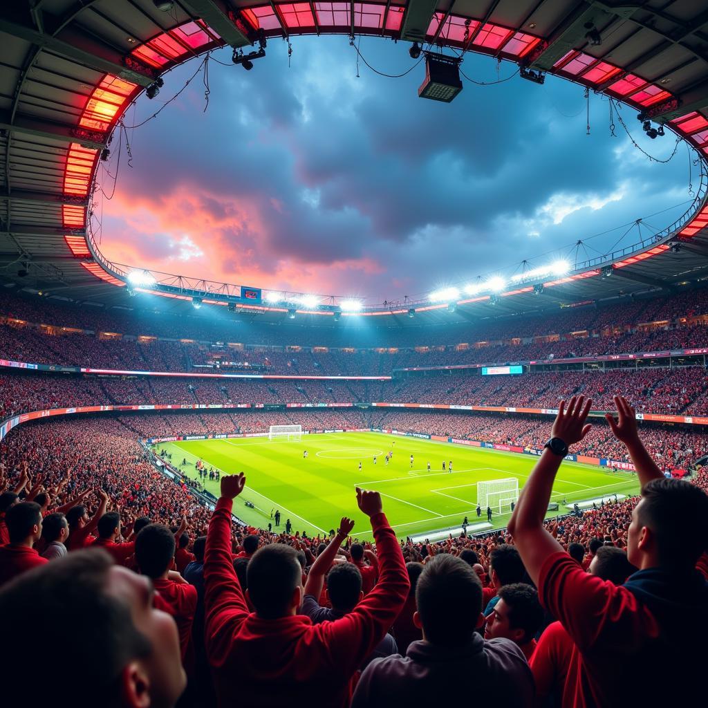 Fans celebrating in a packed stadium