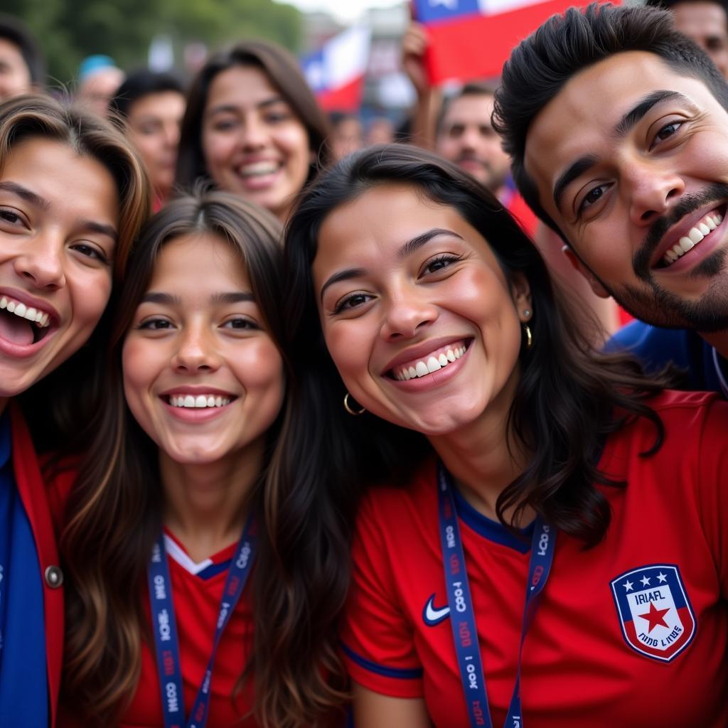 Chilean fans, draped in national colors, celebrating during a Fan Liao Chile gathering.