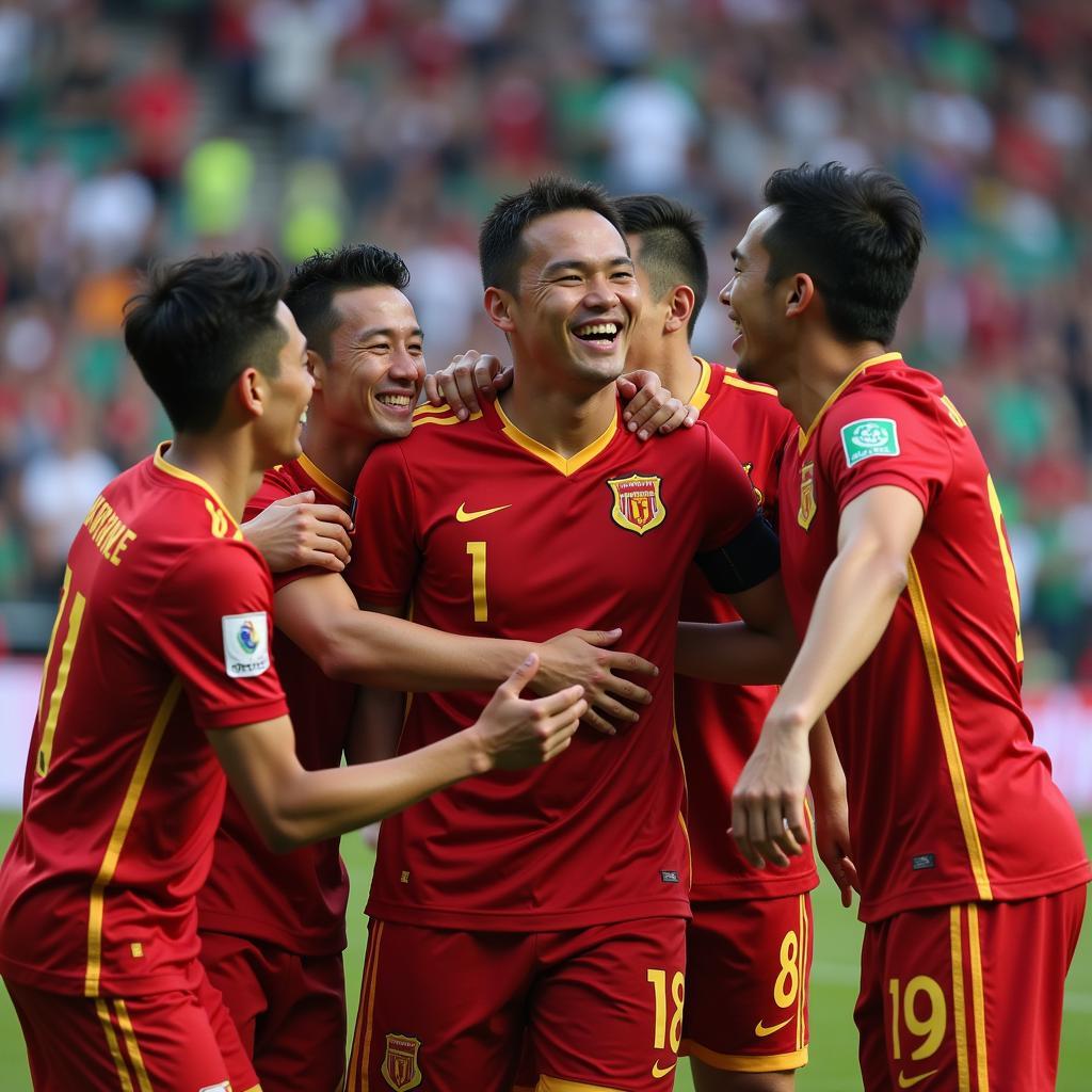 Fan Lin Feng celebrates a goal with his teammates