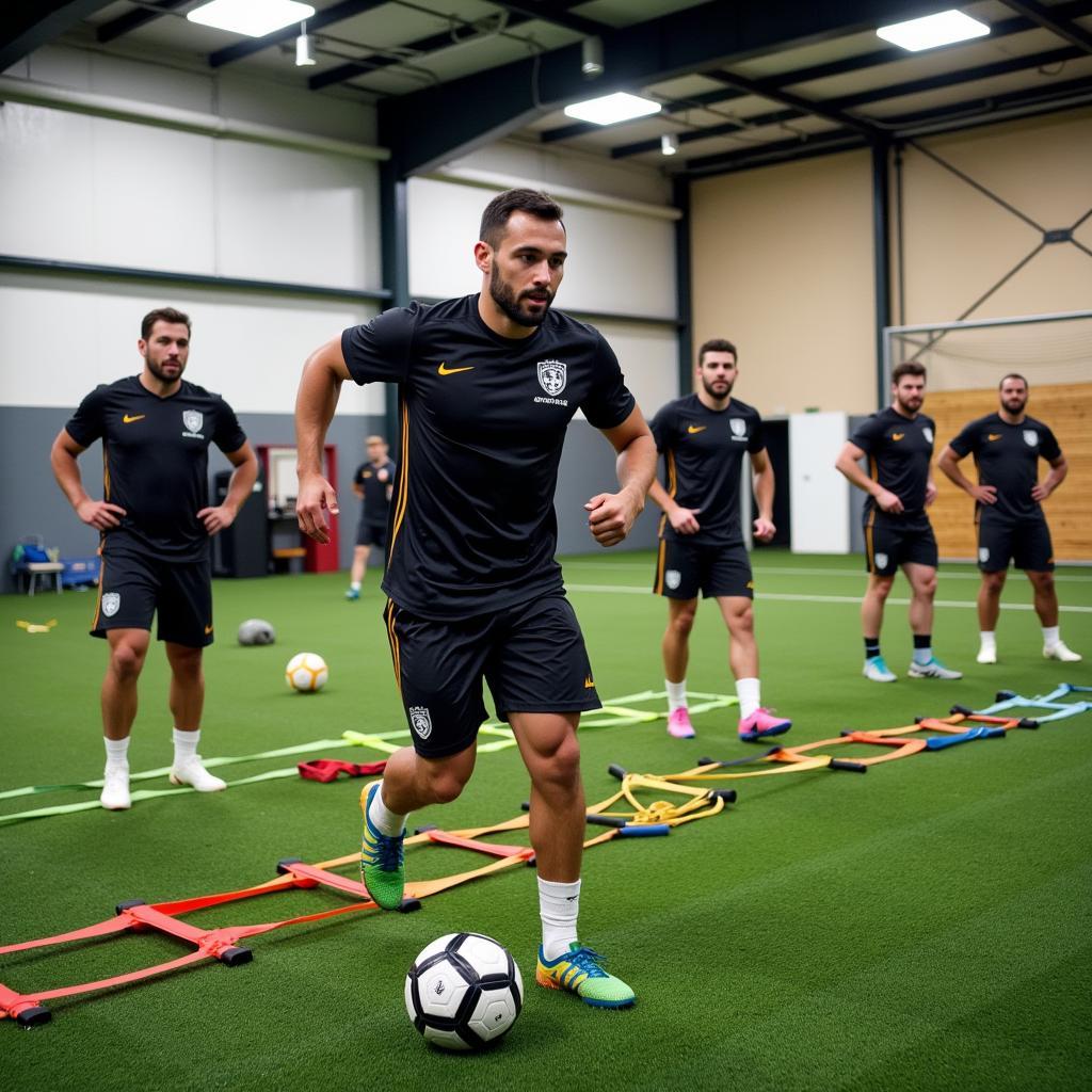 Footballers performing fan ling gym exercises