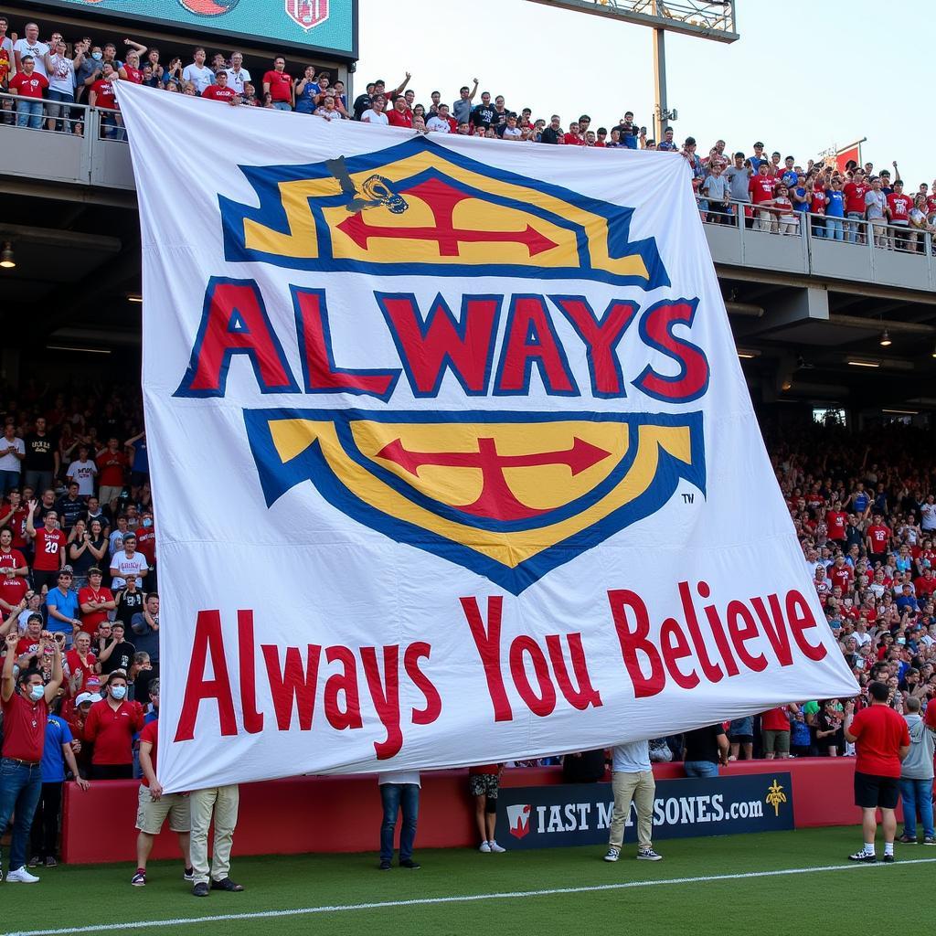 A massive banner held by fans