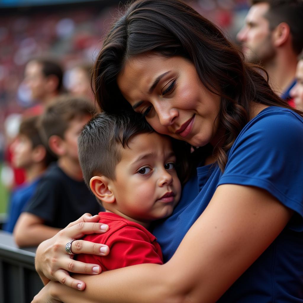 Fan Mama comforting her disappointed child after a loss